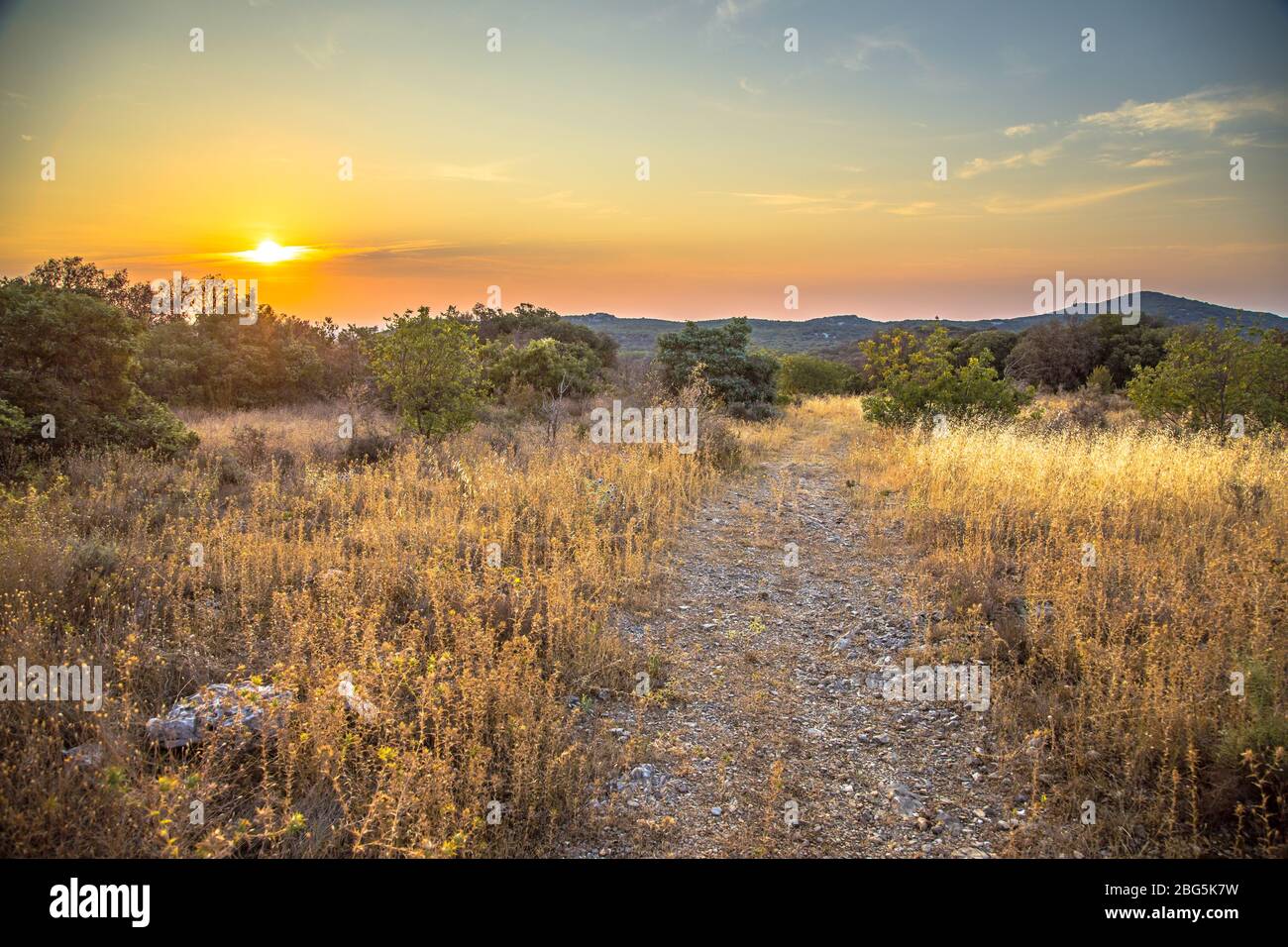 Wanderweg auf einem Hügel im Nationalpark Cevennes, Südfrankreich Stockfoto