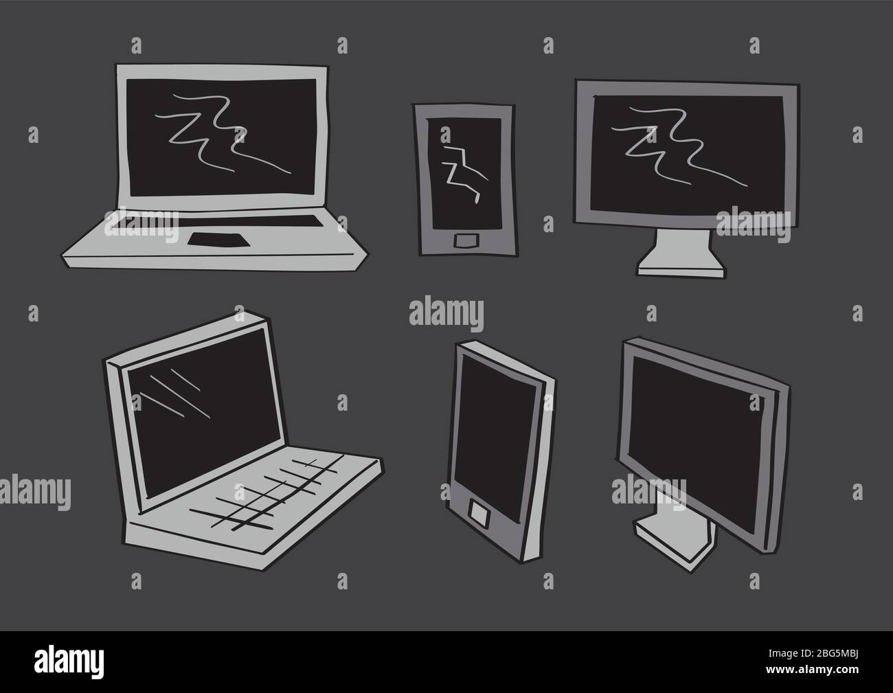 Einfache Graustufenvektordarstellung von Computerbildschirm, Mobiltelefon und Laptop in frontaler und dreiviertel-Perspektive Stock Vektor