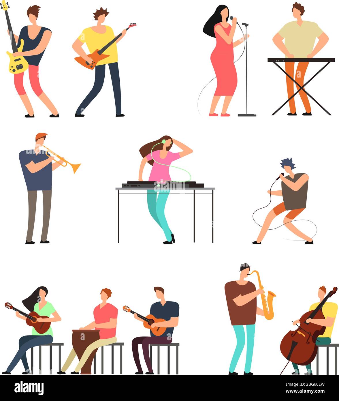 Menschen, die Musik spielen. Musiker mit Musikinstrumenten. Vektor Cartoon Zeichen isoliert. Illustration von Musikerperformance und Musikconcer Stock Vektor