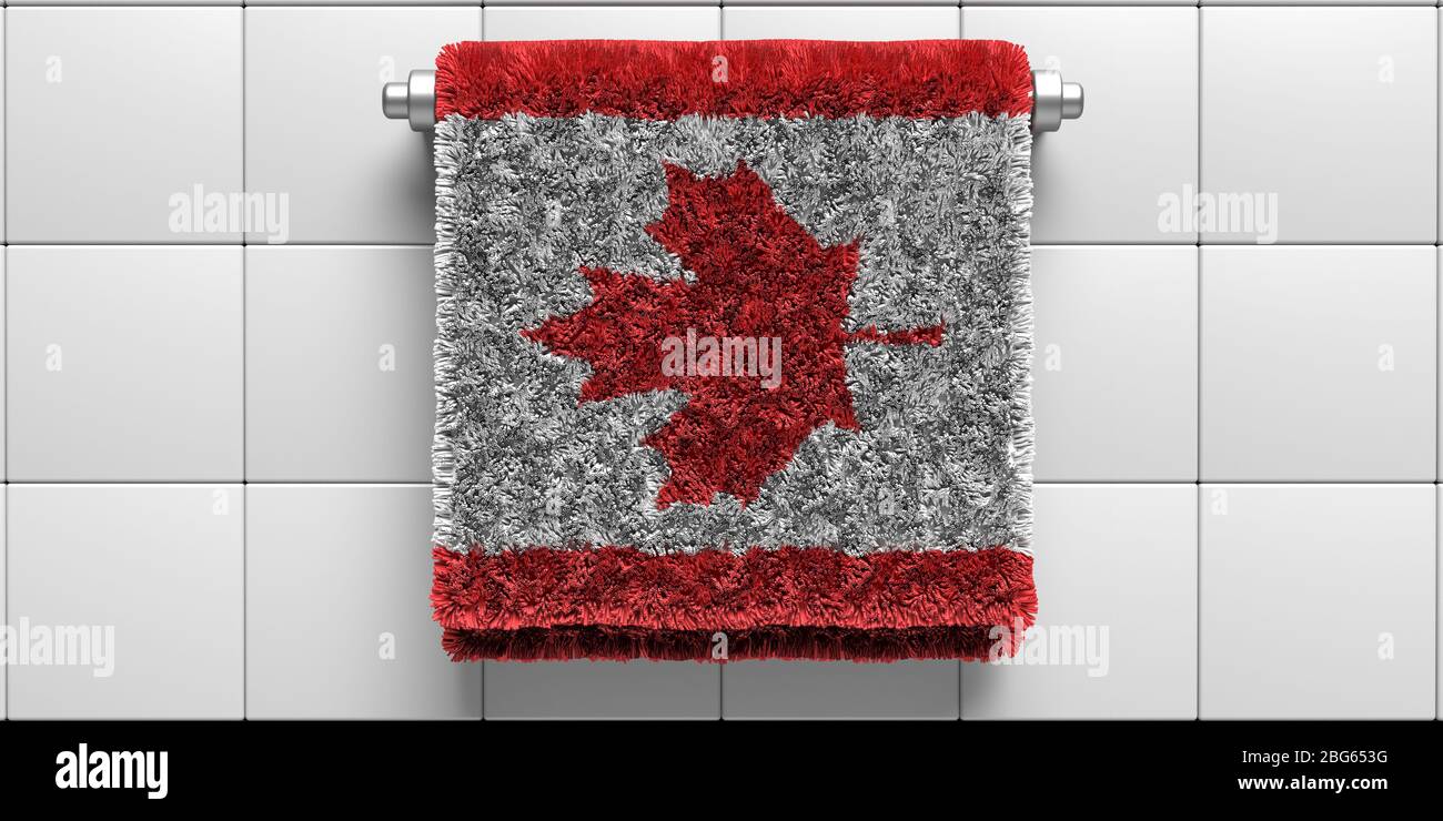 Kanada Flagge Badetuch hängen auf weißen Fliesen Wand Hintergrund. Sanitär, Hygiene, Gesundheitswesen, Konzept. Schutz vor Coronavirus Covid 19. 3d-Darstellung Stockfoto