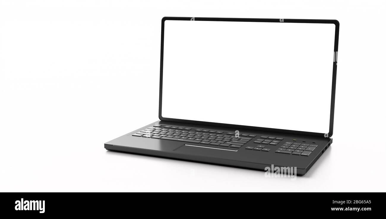 Laptop offen, leerer weißer Bildschirm isoliert auf weißem Hintergrund, Mockup, Schablone. 3d-Darstellung Stockfoto