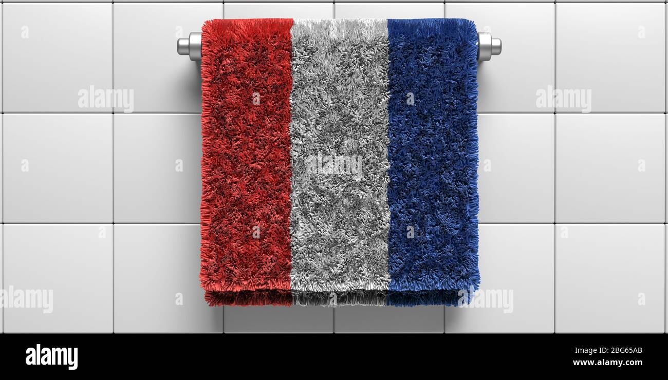 Frankreich Flagge Badetuch hängen auf weißen Fliesen Wand Hintergrund. Sanitär, Hygiene, Gesundheitswesen, Konzept. Schutz vor Coronavirus Covid 19. 3d-Darstellung Stockfoto