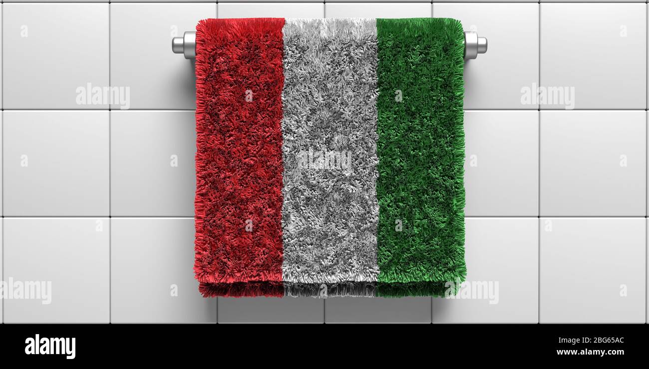 Italien Flagge Badetuch hängen auf weißen Fliesen Wand Hintergrund. Sanitär, Hygiene, Gesundheitswesen, Konzept. Schutz vor Coronavirus Covid 19. 3d-Darstellung Stockfoto