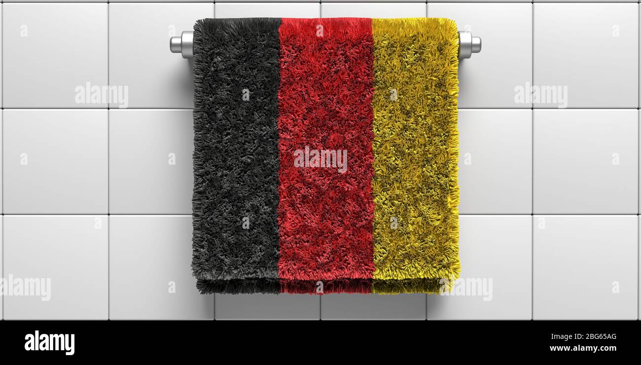 Deutschland Flagge Badetuch hängen auf weißen Fliesen Wand Hintergrund. Sanitär, Hygiene, Gesundheitswesen, Konzept. Schutz vor Coronavirus Covid 19. 3d-Illustrationen Stockfoto