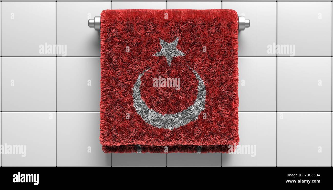 Türkei Flagge Badetuch hängen auf weißen Fliesen Wand Hintergrund. Sanitär, Hygiene, Gesundheitswesen, Konzept. Schutz vor Coronavirus Covid 19. 3d-Darstellung Stockfoto