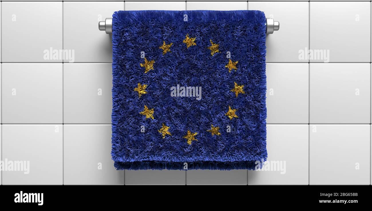 EU-Flagge Badetuch hängen auf weißen Fliesen Wand Hintergrund. Sanitär, Hygiene, Gesundheitswesen im Konzept der Europäischen Union. Coronavirus Covid 19 Schutz in Stockfoto