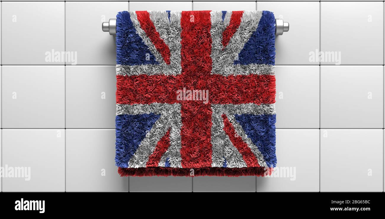 UK Flagge Badetuch hängen auf weißen Fliesen Wand Hintergrund. Sanitär, Hygiene, Gesundheitswesen in Großbritannien Konzept. Coronavirus Covid 19 Schutz in Stockfoto