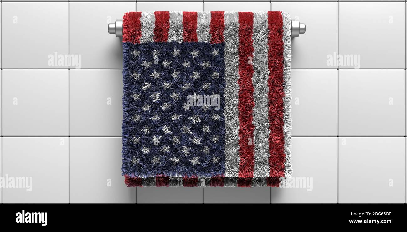 USA Flagge Badetuch hängen auf weißen Fliesen Wand Hintergrund. Sanitär, Hygiene, Gesundheitswesen in den Vereinigten Staaten Konzept. Coronavirus Covid 19 Schutz in Stockfoto