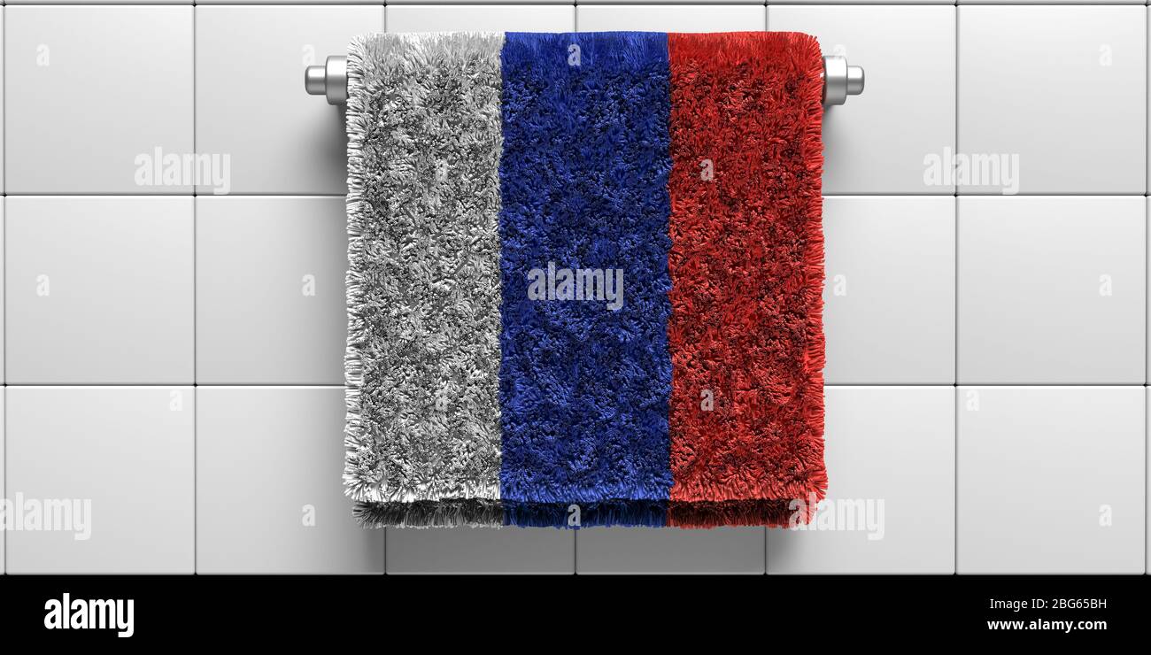 Russland Flagge Badetuch hängen auf weißen Fliesen Wand Hintergrund. Sanitär, Hygiene, Gesundheitswesen, Konzept. Schutz vor Coronavirus Covid 19. 3d-Darstellung Stockfoto