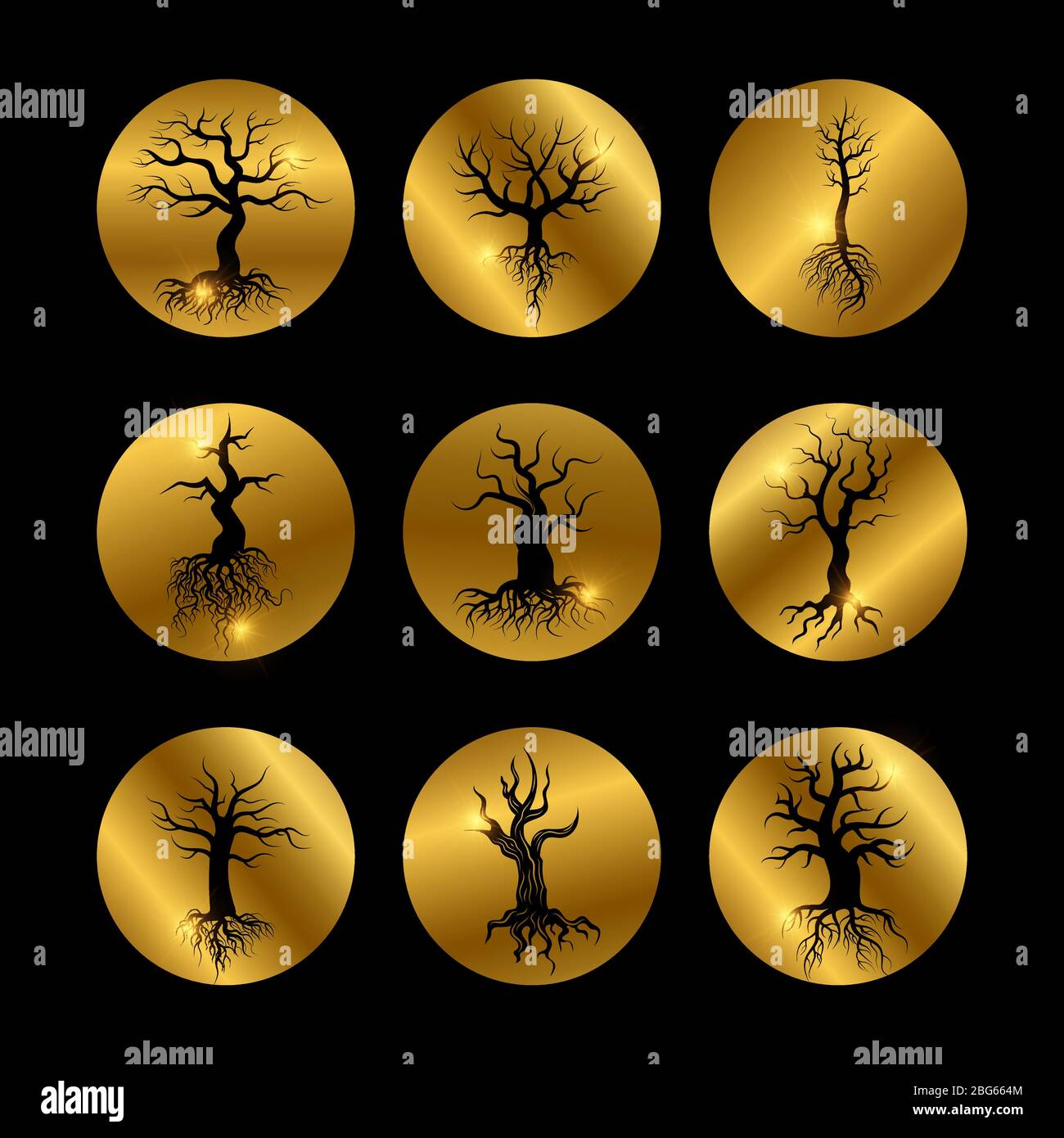 Schwarze Bäume Silhouette Symbole mit glänzenden goldenen Elementen gesetzt. Vektorgrafik Stock Vektor