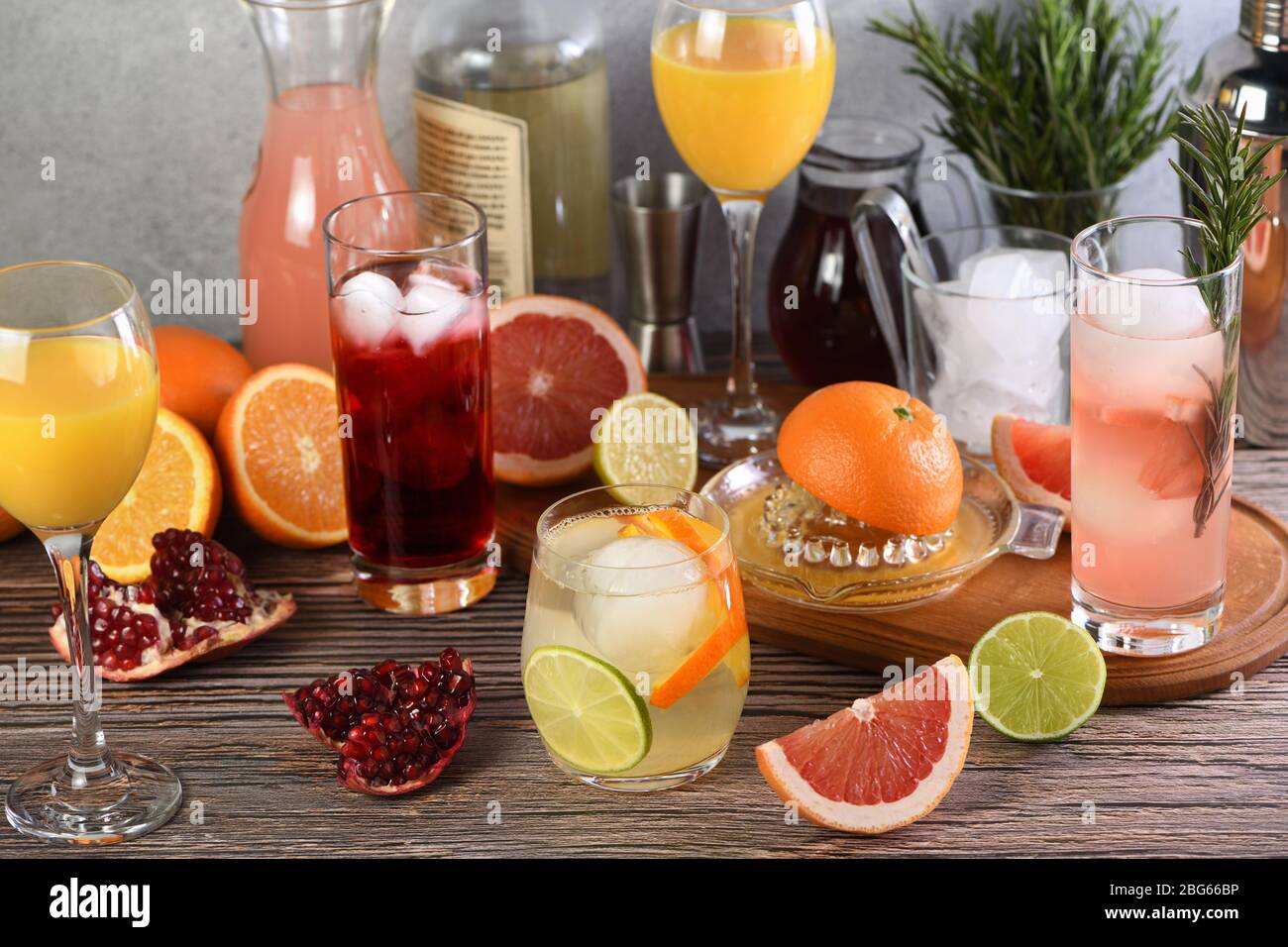 Getränke und Cocktails aus Gin mit verschiedenen Zitrusfrüchten Stockfoto