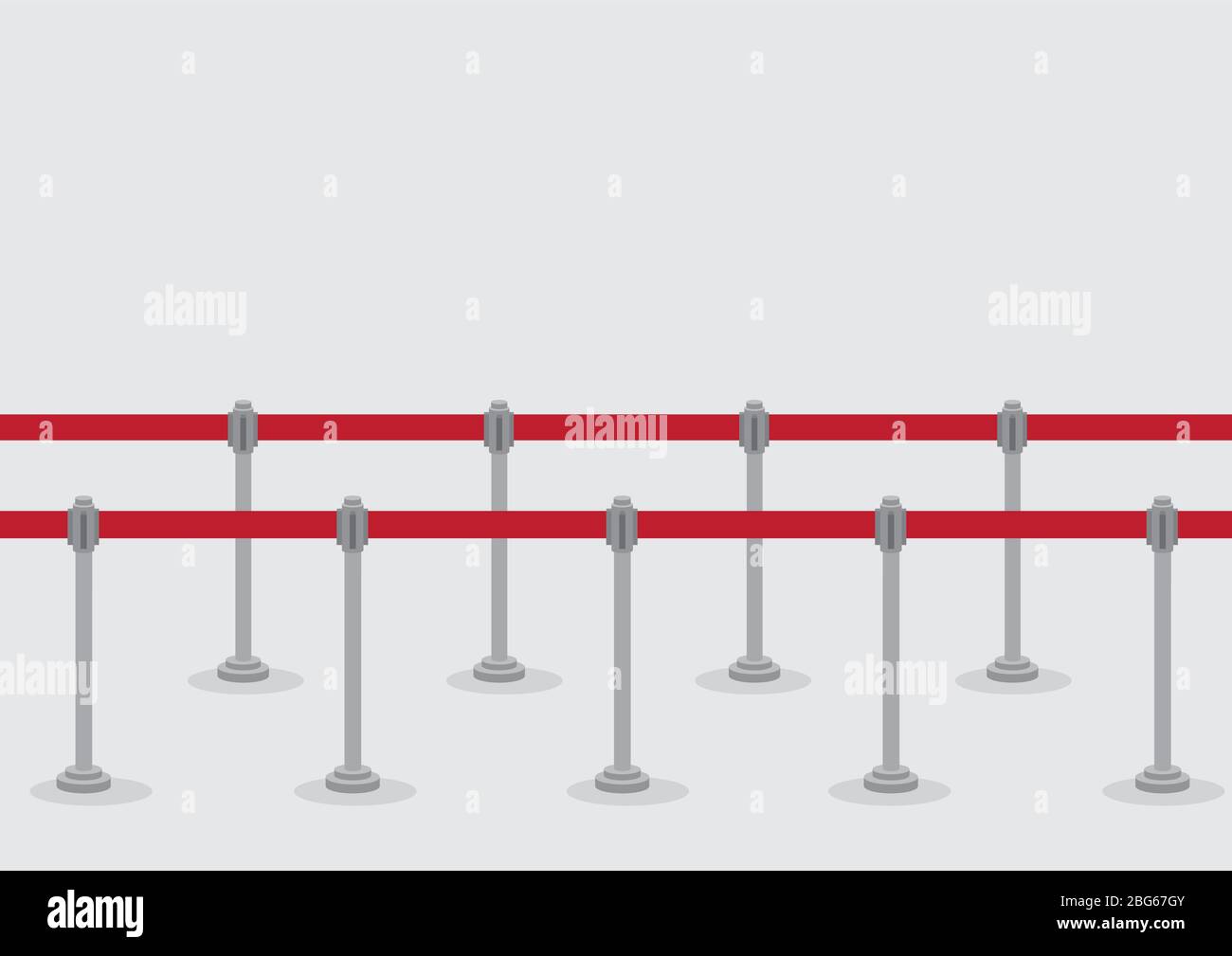 Vektorgrafik von zwei Reihen Queue Pole und einziehbare Gürtelbarrieren für die Crowd Control und Warteschlangen Linien isoliert auf grauem Hintergrund. Stock Vektor