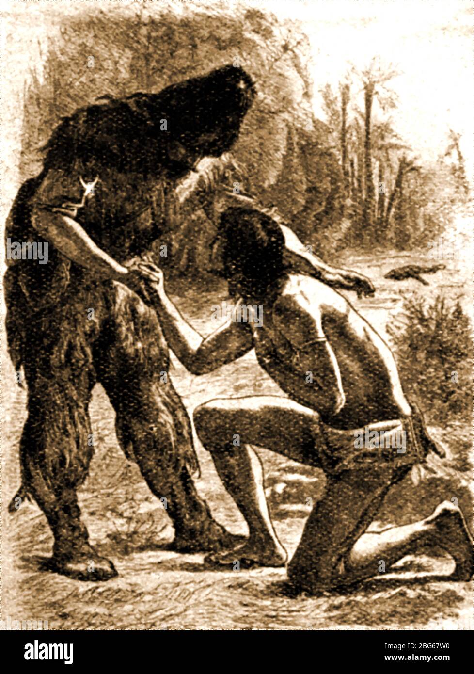Eine frühe Illustration zeigt Robinson Crusoe Treffen Mann Freitag. Stockfoto