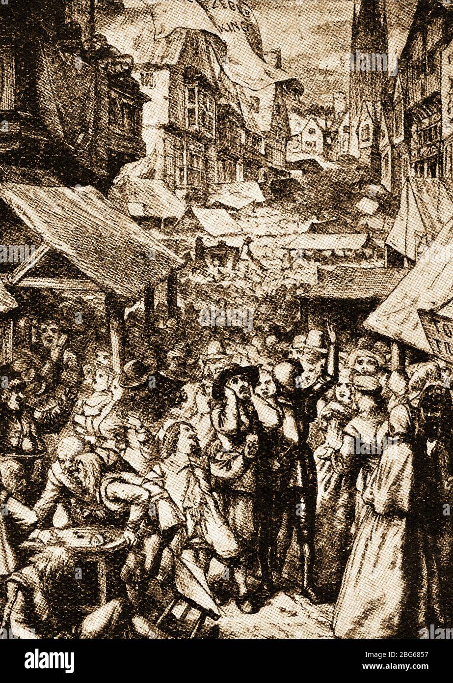 Eine frühe Illustration von Pilgrims Progress von John Bunyan zeigt Christen und Gläubigen Ankunft in Vanity Fair. "Der Fortschritt des Pilgrim von dieser Welt zu dem, was kommen wird" ist eine christliche Allegorie von 1678, die von dem Engländer John Bunyan als religiöses, theologisches Werk der Fiktion geschrieben wurde. Es gilt als der erste echte Roman, der in Englisch geschrieben wurde Stockfoto