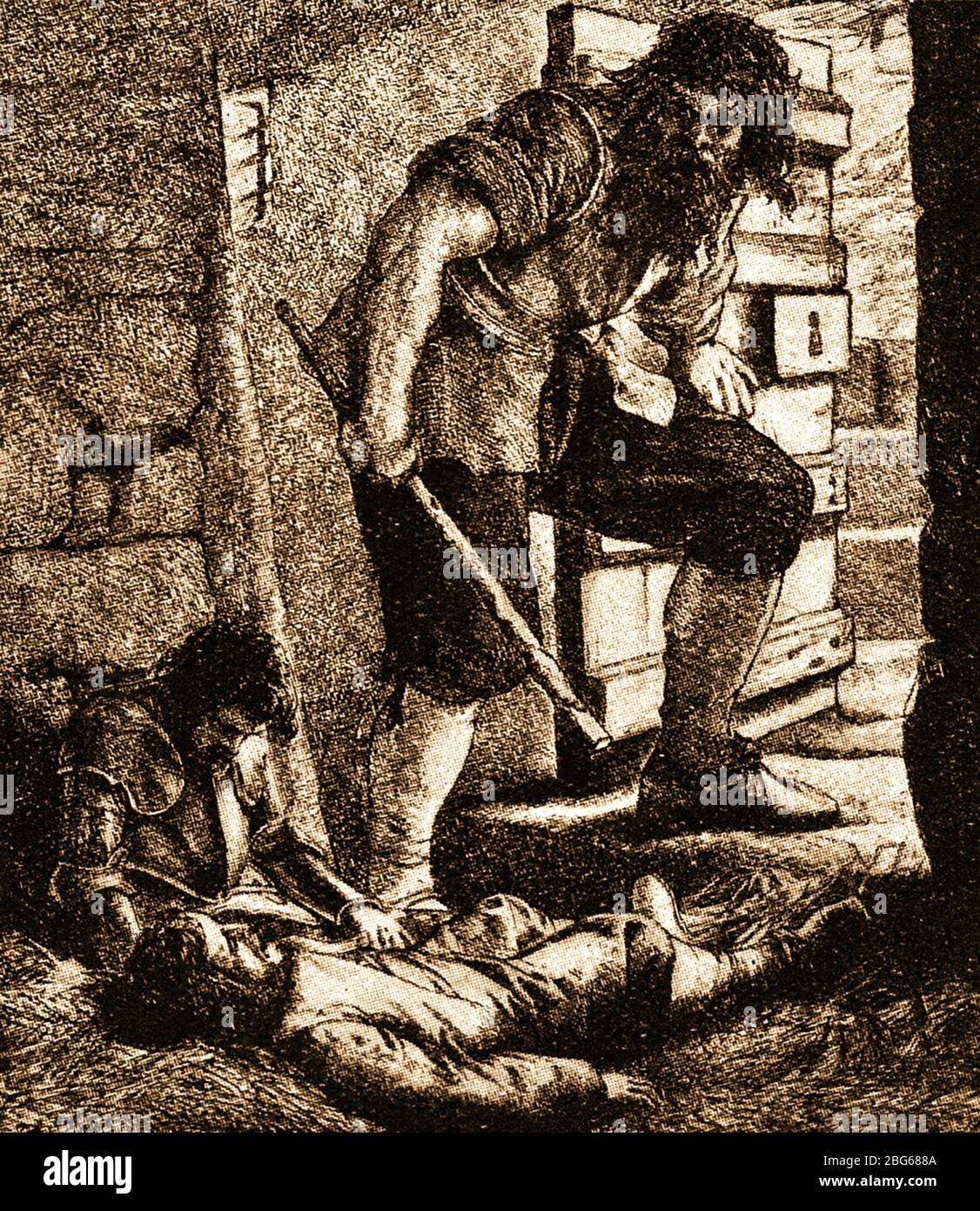 Eine frühe Illustration von Pilgrims Progress von John Bunyan, die Christen auf dem Schloss der riesigen Verzweiflung zeigt - "der Pilgerfortschritt von dieser Welt zu dem, was kommen wird" ist eine christliche Allegorie von 1678, die von dem Engländer John Bunyan als religiöses, theologisches Werk der Fiktion geschrieben wurde. Es gilt als der erste echte Roman, der in Englisch geschrieben wurde Stockfoto
