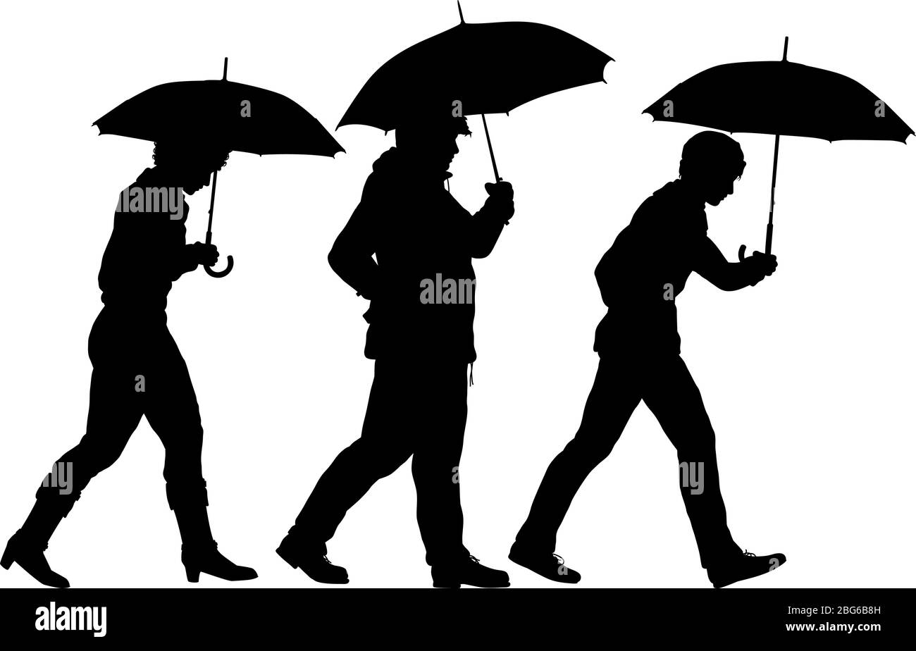 Editierbare Vektor Silhouette von drei Personen zu Fuß mit Regenschirmen mit Regenschirmen als separate Objekte Stock Vektor