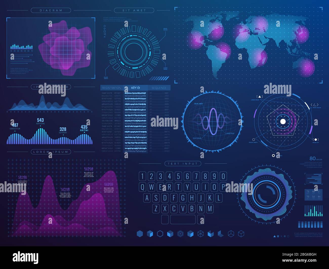 Futuristische hud-Schnittstelle. Science Future Tech Vektor ui mit Infografik-Elementen. Vector digitale Schnittstelle, futuristisches Display mit virtuellen Hologramm Stock Vektor