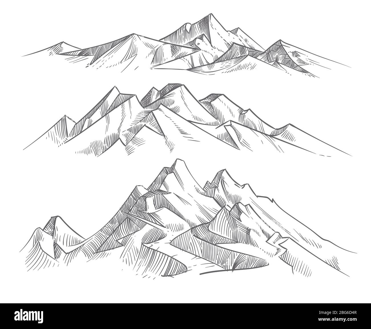 Handgezeichnete Bergketten im Gravurstil. Vintage Berge Panorama Vektor Natur Landschaft. Peak Outdoor Skizze, Landschaft Gebirge ill Stock Vektor