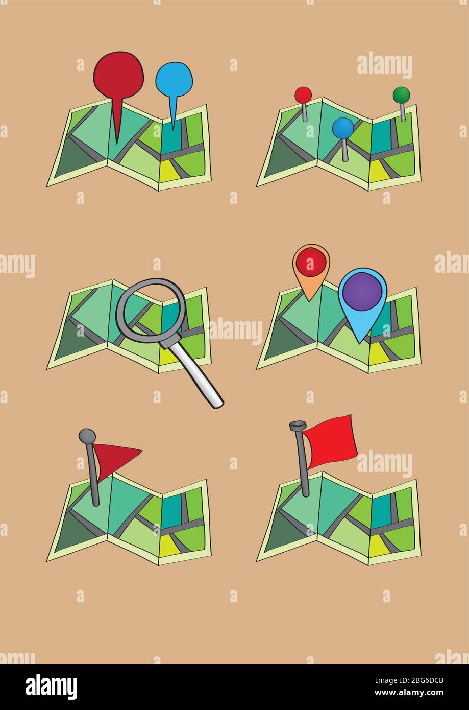 Dreifache Straßenkarte-Symbole mit Kartenstiften, Markierungen und anderen konzeptionellen Symbolen. Satz von sechs Vektor-Illustration isoliert auf orangefarbenem Hintergrund Stock Vektor