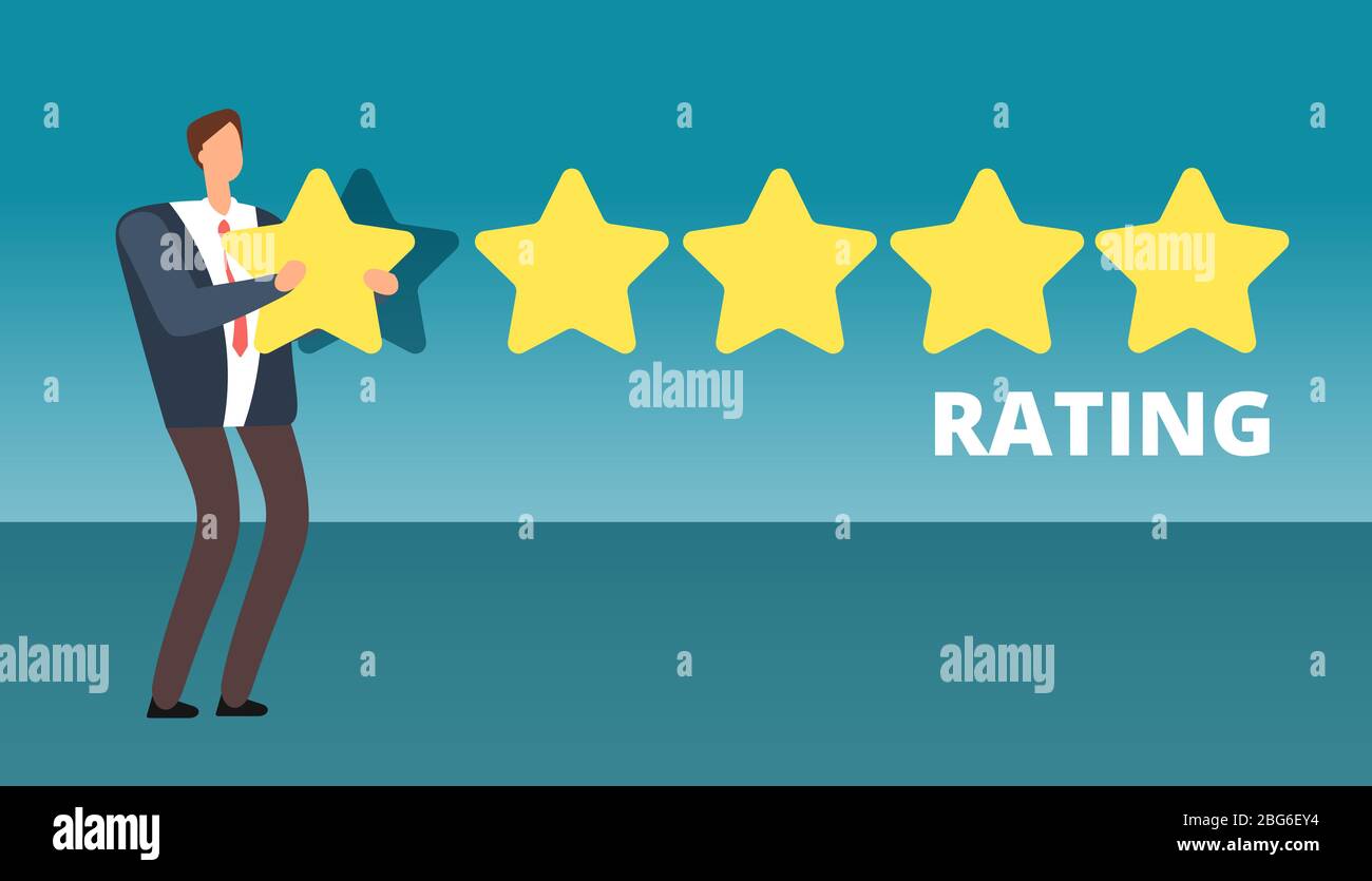 Geschäftsmann, der 5 Sterne verdient. Beste Arbeitsqualität und Kundenservice Feedback Vektor-Konzept. Abbildung der Unternehmensbewertung und Bewertung Feed Stock Vektor