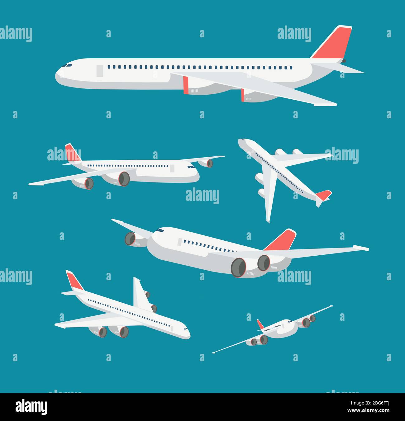 Charter Flachflugzeug in verschiedenen Blickpunkten. Zivile Flugreisen und Flugvektorsymbole isoliert. Flugzeugcharter, Flugzeug mit Flügel, avi Stock Vektor