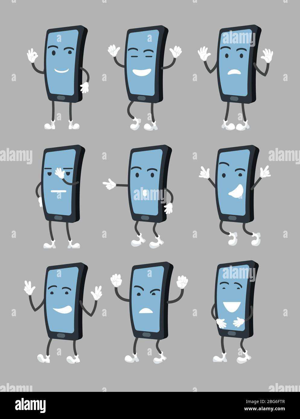 Cartoon Smartphone in verschiedenen Posen mit verschiedenen Emotionen. Handy Vektor-Charakter mit Händen und Beinen. Abbildung des Telefoncharakters mit fac Stock Vektor