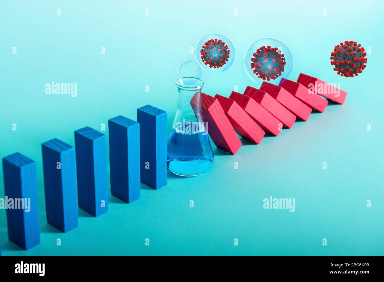 Konzept der covid19 Coronavirus Pandemie mit fallenden Kette wie ein Domino-Spiel. Ansteckung und Infektionsprogression durch eine Heilung von medizinischen gestoppt Stockfoto