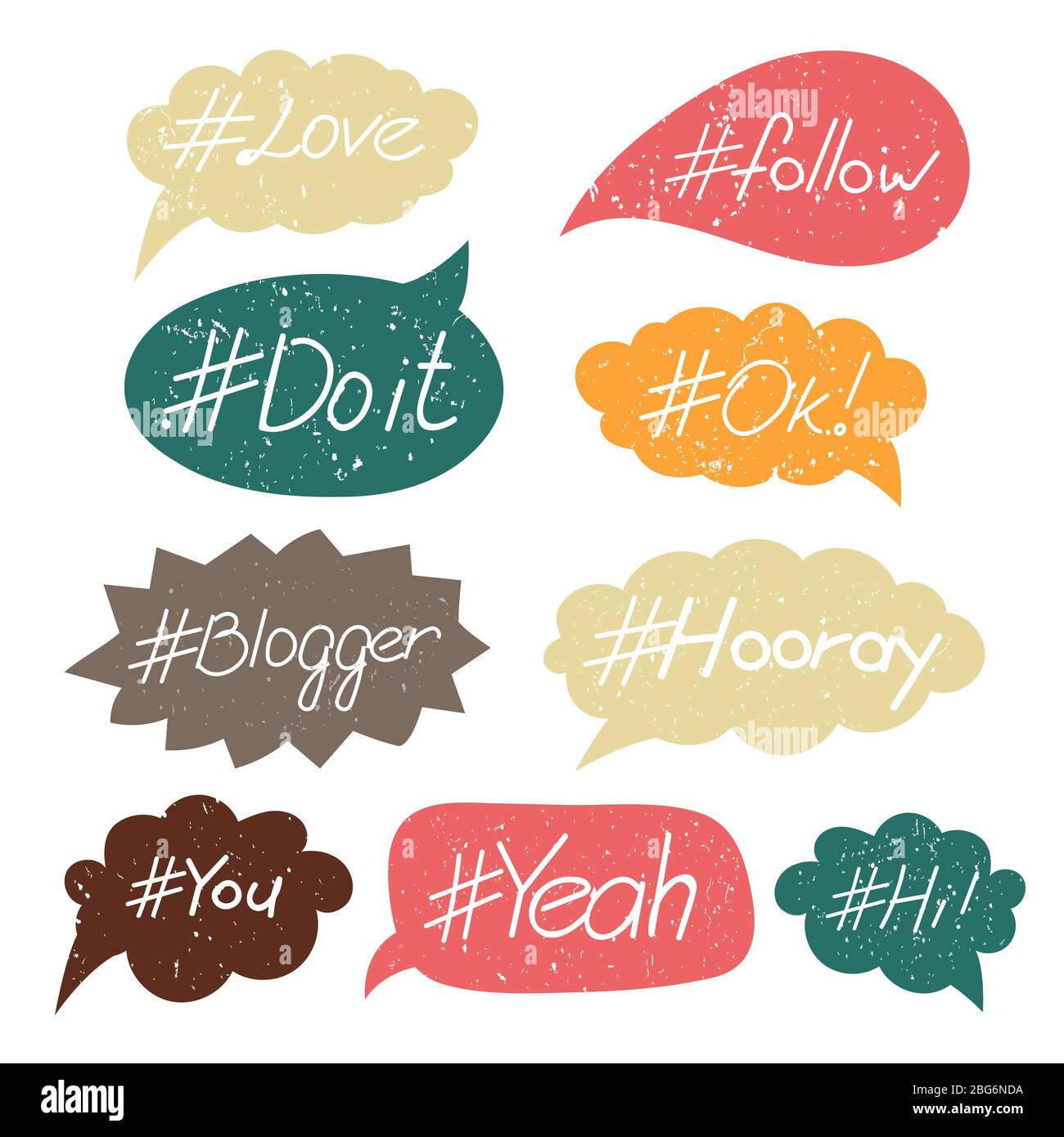 Bunte Grunge Hand geschrieben beliebte Hashtags in Sprechblasen. Vektorgrafik Stock Vektor
