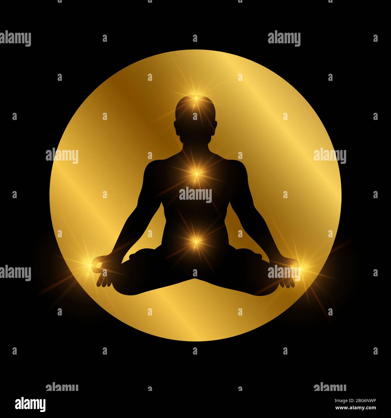 Spirituelles indisches Chakra Symbol. Meditation Mann Silhouette mit glänzenden Elementen. Vektor Körper Silhouette in Lotus Pose Illustration Stock Vektor