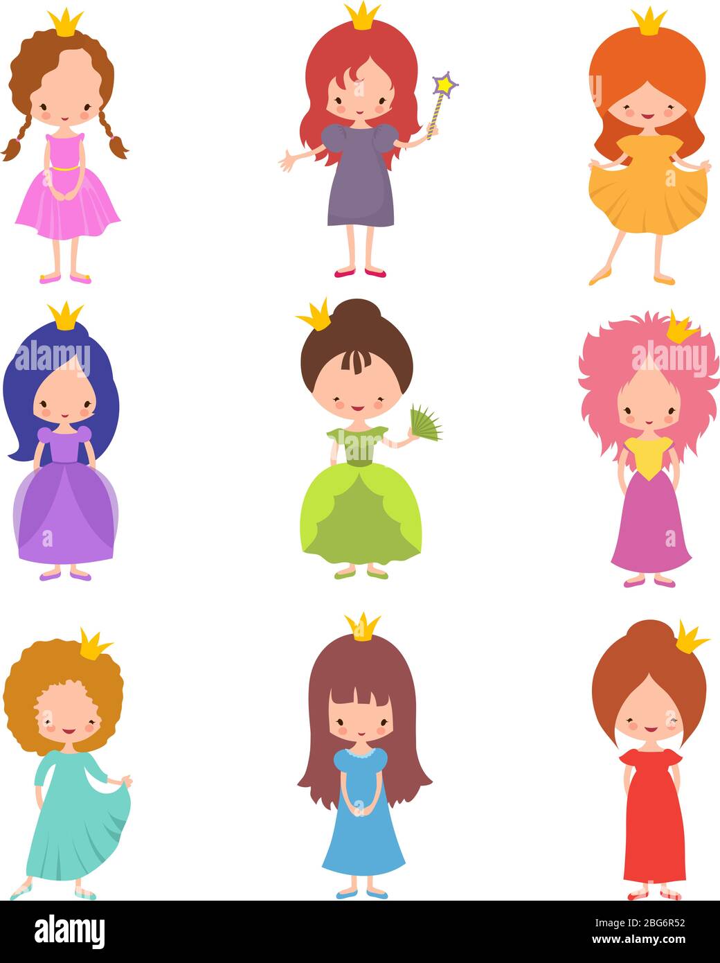 Kinder Modenschau Charaktere. Kleine Prinzessinnen Mädchen Vektor-Set. Illustration von hübschen Frau, Kinder glücklich Stock Vektor