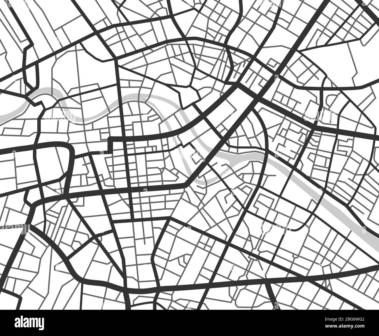 Abstrakte Stadtnavigationsplan mit Linien und Straßen. Vektor schwarz-weiß Stadtplanung Schema. Abbildung des Plans Straßenkarte, Straßengrafik navig Stock Vektor