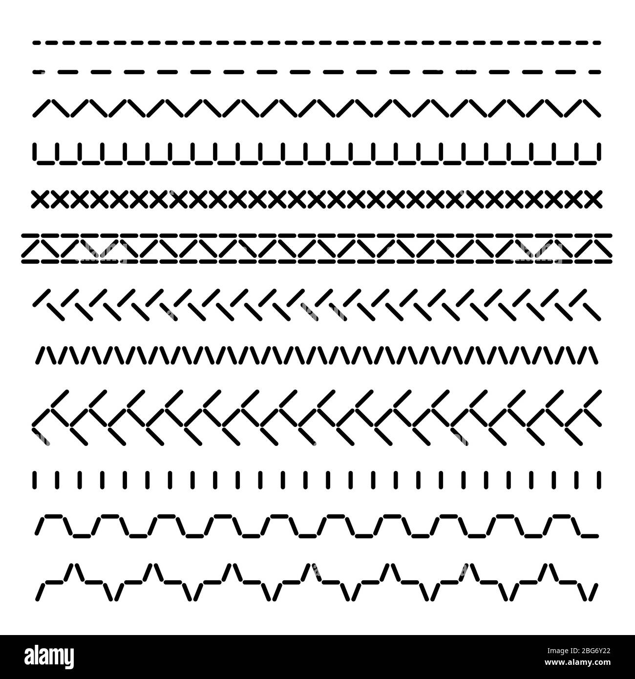 Genäht nahtlose Ränder, Nähmaschinennähte für Stoff Struktur Vektor-Set isoliert. Illustration von Nähfadenstich, Verschönerungsmuster Stock Vektor