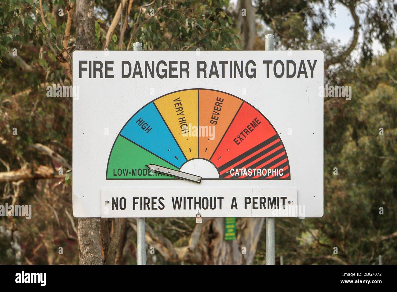 Eine Feuergefahr Rating heute Zeichen in New South Wales auf niedrig-moderat eingestellt Stockfoto