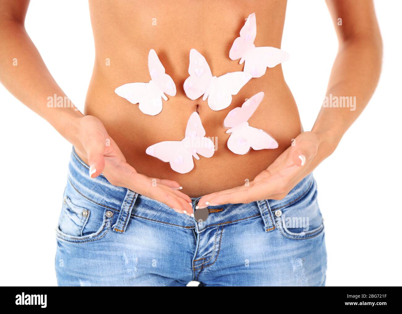 Schmetterling auf dem Bauch isoliert auf weiß Stockfoto