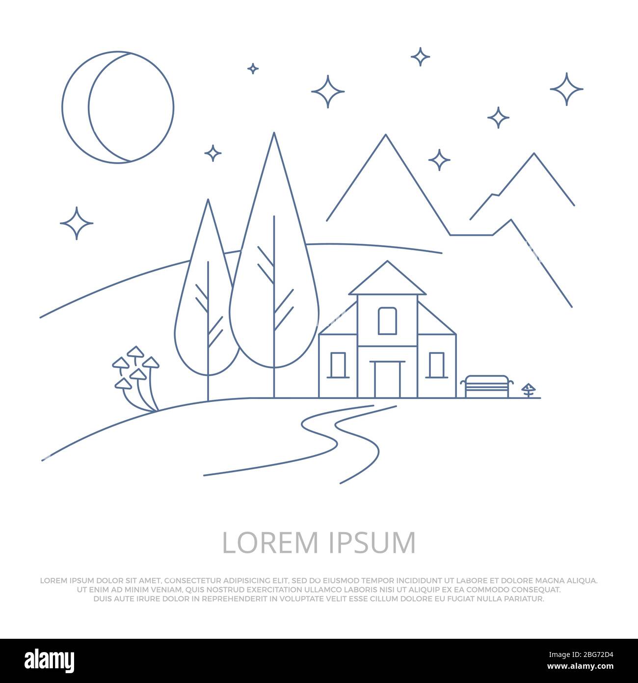 Sommer Berge Camp Linie Hintergrund - Waldlandschaft und Haus Umriss Vektor-Illustration Stock Vektor