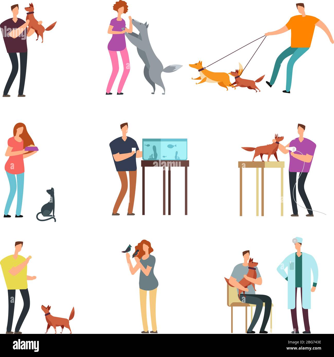 Glückliche Menschen Haustier Besitzer. Mann, Frauen und Familie Ausbildung und das Spielen mit Haustieren Vektor-Cartoon-Figuren isoliert. Abbildung von Menschen mit Hund und c Stock Vektor