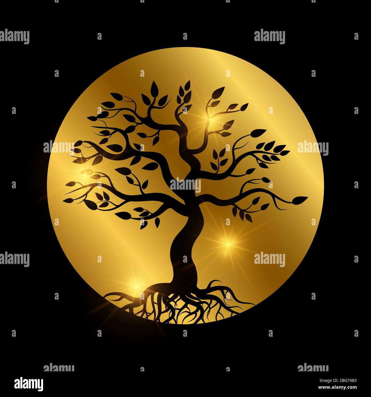 Schwarzer Baum mit Wurzeln Silhouette mit glänzenden Elementen. Vektorgrafik Stock Vektor