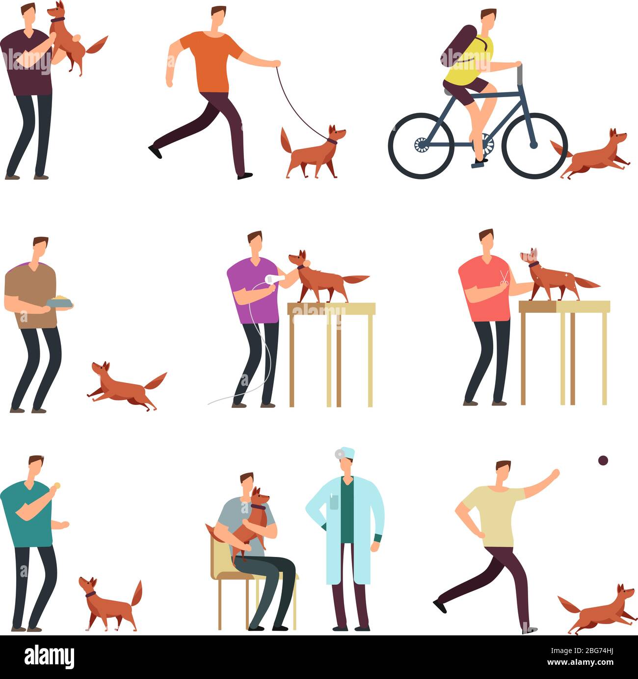 Glücklicher Mann mit Hund im Alltag. Menschen und nette schöne Haustiere Cartoon Vektor-Zeichen isoliert. Lifestyle-Aktivität Alltag Spaziergang mit Haustier illus Stock Vektor