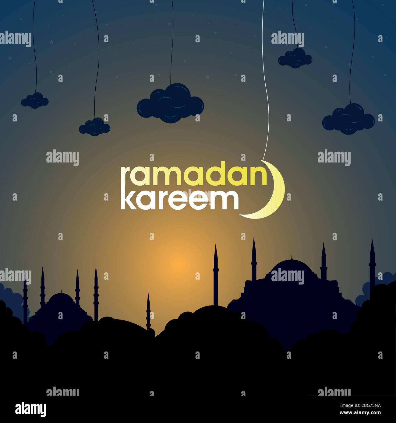 Willkommen Ramadan Monat (Türkisch auf Bir Ayin Sultani Hosgeldin), Vektorstudie über die istanbuler Silhouette der Hagia Sophia und der Blauen Moschee Stock Vektor