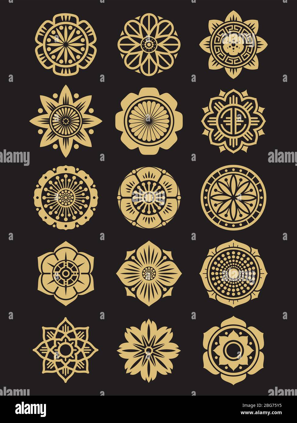 Asiatische Blumen Symbole auf schwarzem Hintergrund isoliert gesetzt. Chinesische oder japanische Dekorationselemente. Asiatische Kollektion Ornament indisch. Vektorgrafik Stock Vektor
