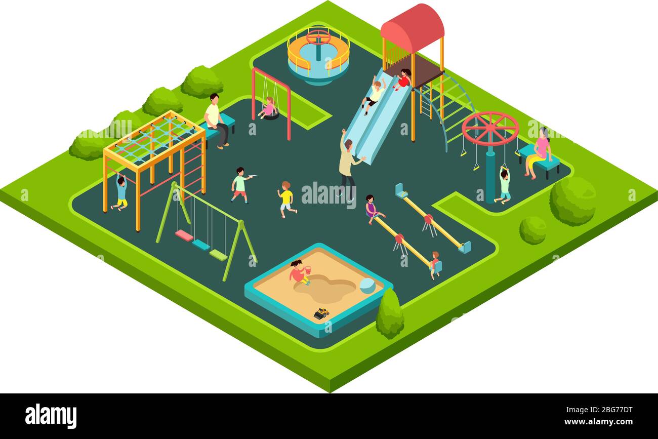 Kinder spielen mit Eltern auf dem Kinderspielplatz mit Spielgeräten. Isometrische Cartoon Vektor-Illustration mit 3d kleine Menschen. Spielplatzisometrie Stock Vektor