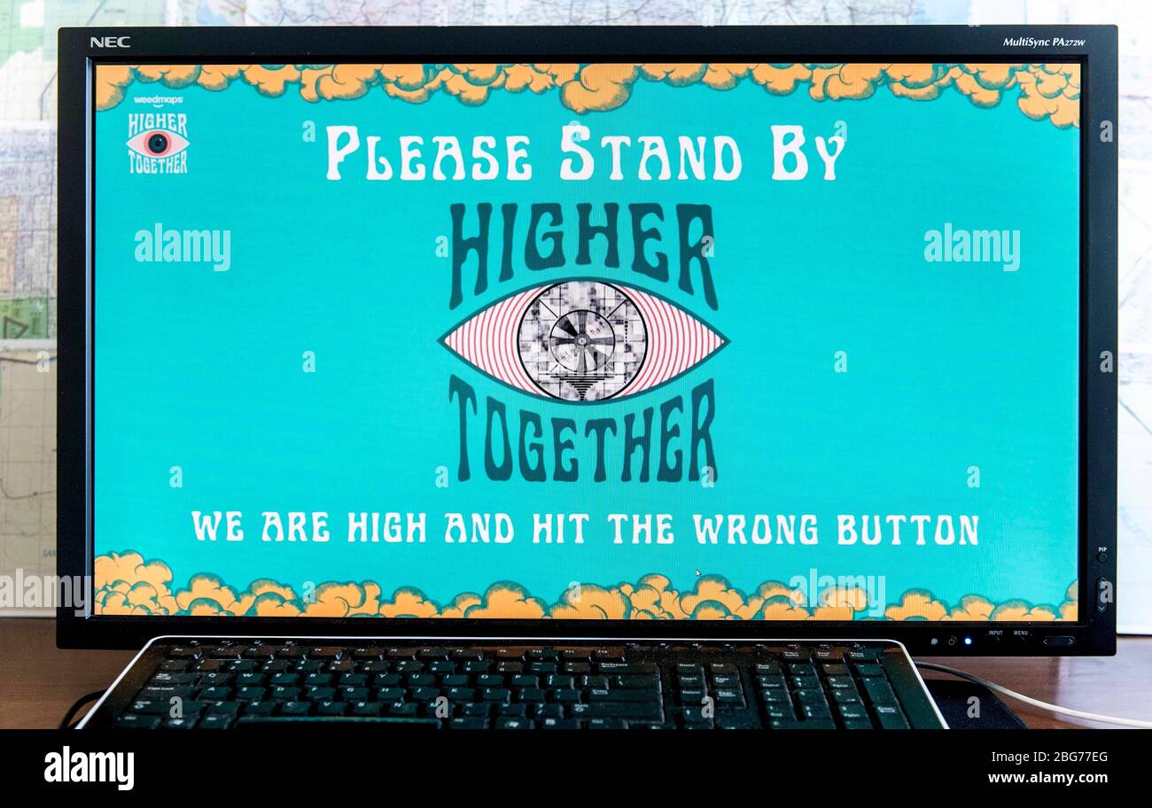 Los Angeles, Kalifornien, USA. April 2020. Ein Bildschirmschnapper der Karte für technische Schwierigkeiten, die während des Programms weedmaps.com auf Sendung gestellt wurde, "Higher Together", ihre fünfstündige Feier vom 20. April, dem jährlichen Gemeinschaftstag der Topfraucher, an dem sie öffentlich gesteinigt werden. In diesem Jahr wurden die Rauchanmeldungen weltweit wegen der COVID-19-Pandemie hauptsächlich online abgehalten. Kredit: Brian Cahn/ZUMA Wire/Alamy Live News Stockfoto