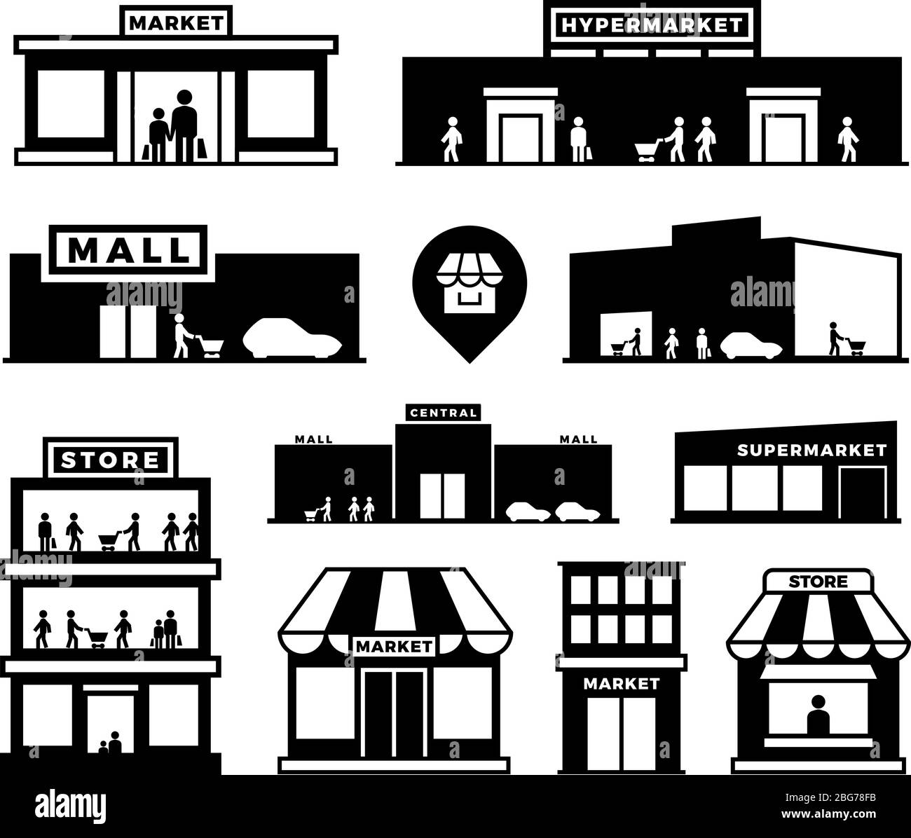 Symbole für Einkaufszentren. Bewahren Sie Außenbereiche mit Piktogrammen für Personen auf. Shop Häuser mit Käufer Vektor. Monochrome Baugeschäft, Geschäft und Markt, s Stock Vektor