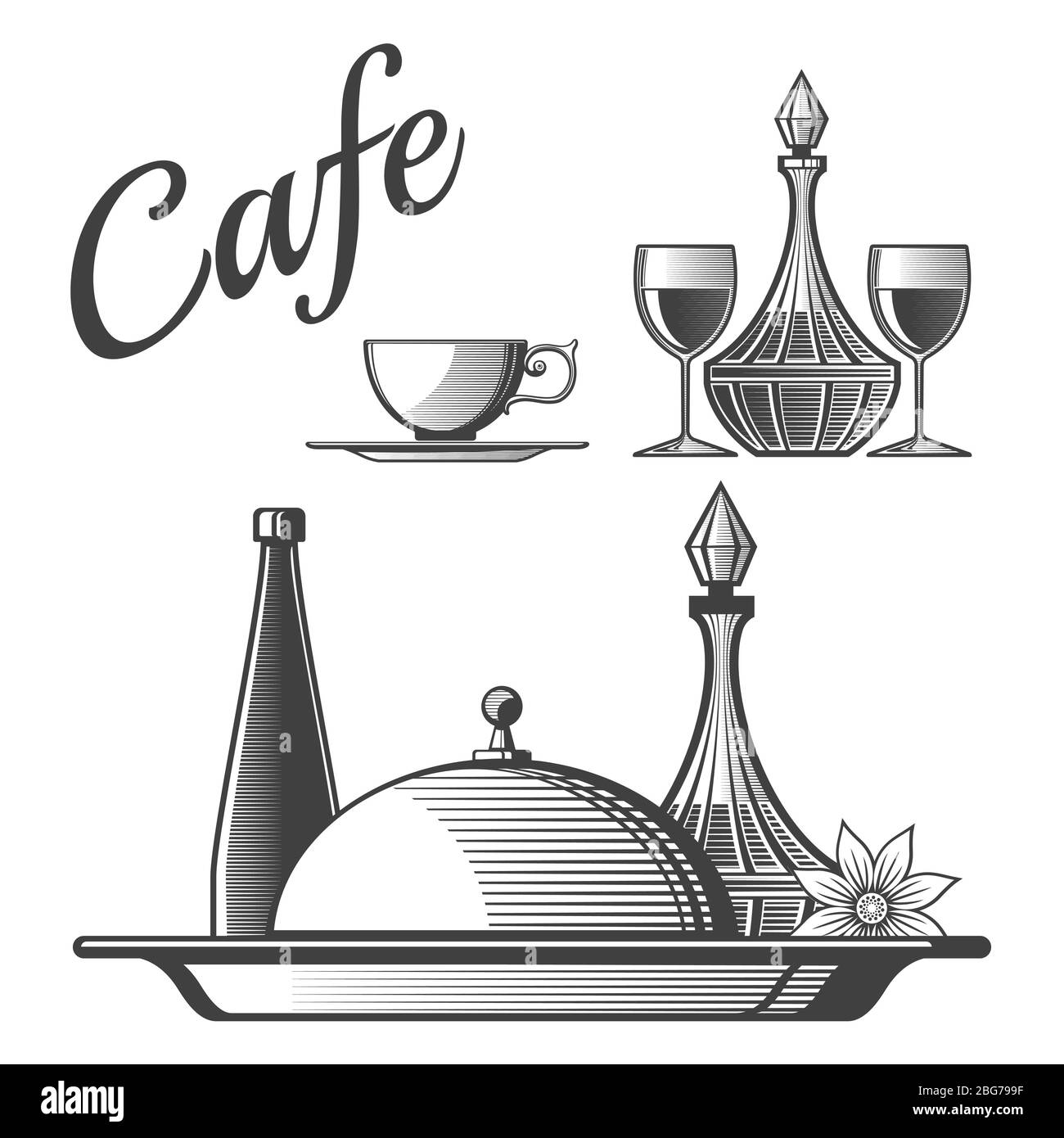 Gravur Stil Café, Restaurant-Elemente - Vektor Tasse, Weingläser, Geschirr Illustration Stock Vektor