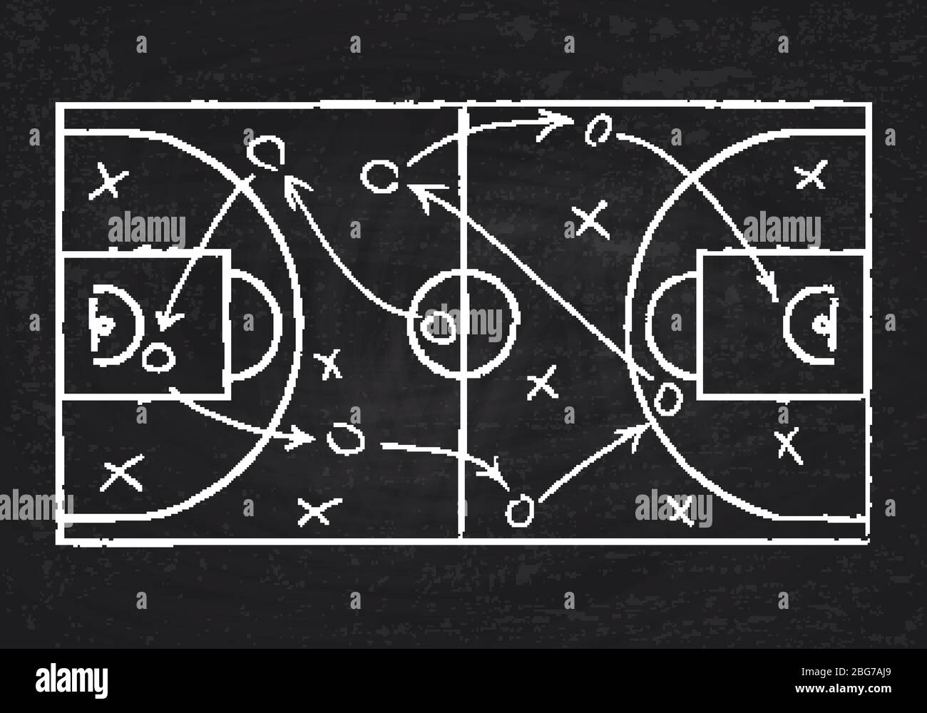 Tafel mit Basketballplatz und Spielstrategie. Vektorgrafik. Sport Anleitung Blaupause, Kennzeichnung für Spiel Team Stock Vektor