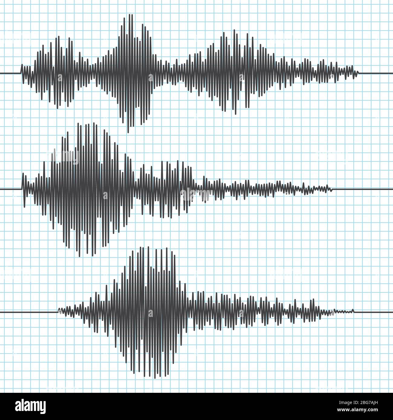 Frequenz Seismografen Wellen, Seismogramm, Erdbeben-Graphen. Seismische Wellenvektoren gesetzt. Abbildung des Schwingungs-Seismometer-Diagramms, Wellenformaufzeichnung Stock Vektor