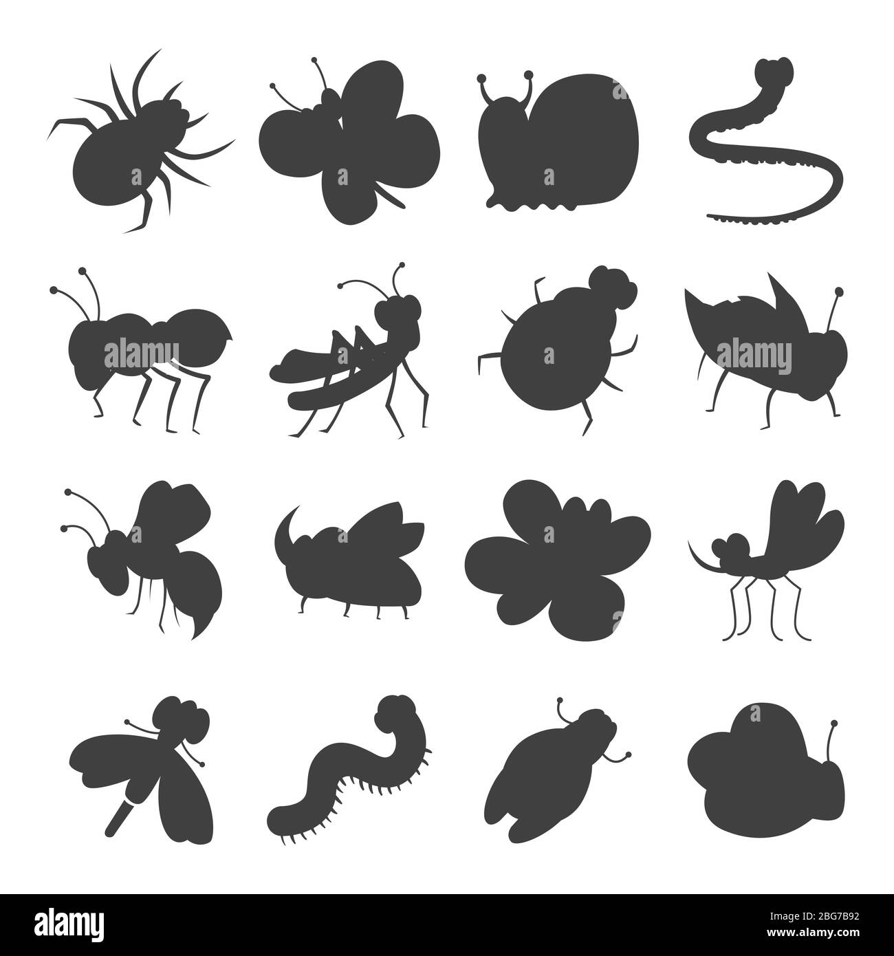 Graue Insekt Silhouette Symbole auf weißem Hintergrund isotiert. Vektorgrafik Stock Vektor