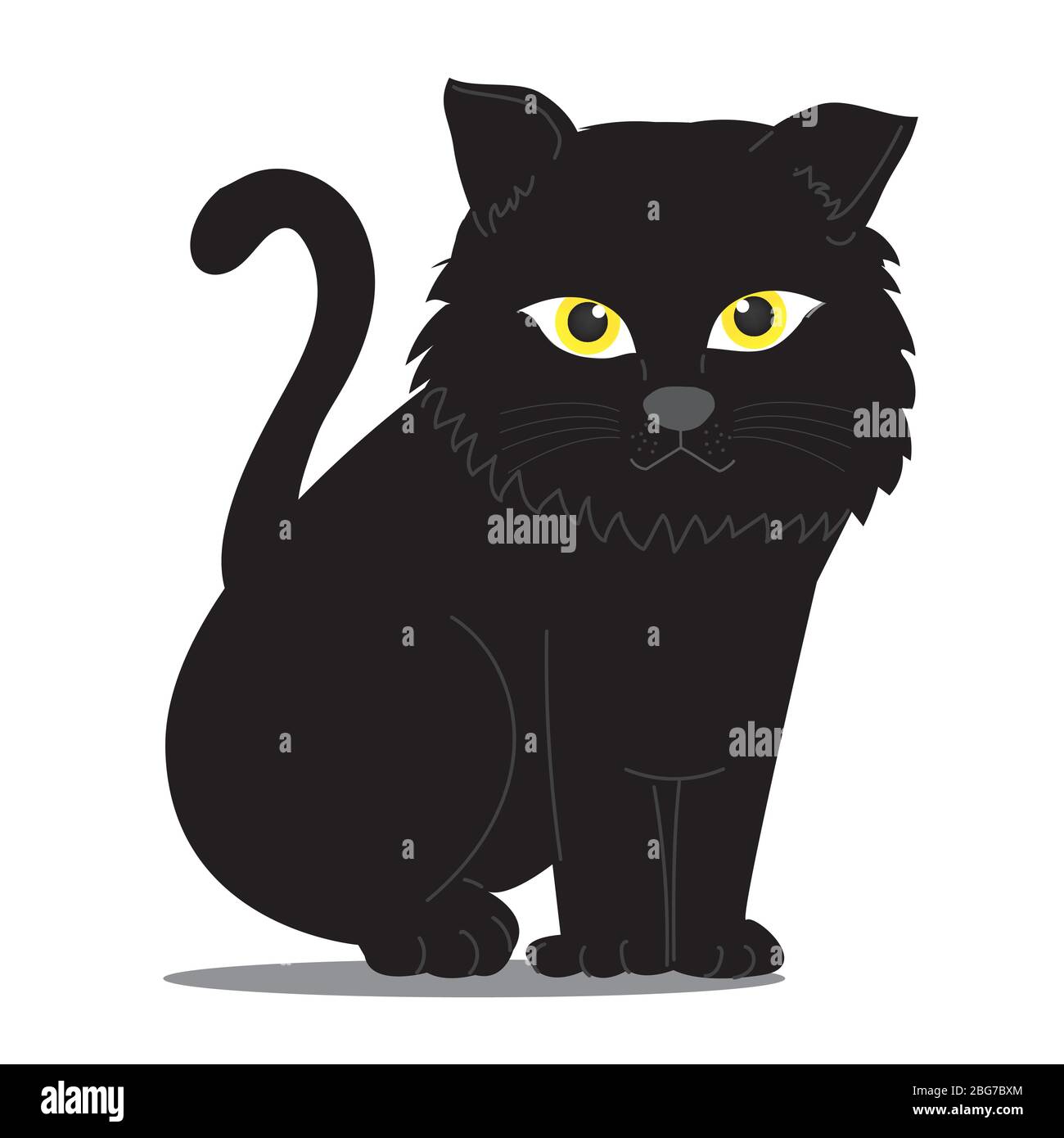 CAT Illustration Clipart. Eine schwarze Katze sitzt ihr gegenüber. Es hat gelbe Augen, die geheimnisvoll aussehen. Es ist auf einem weißen Hintergrund. Hand zeichnen Kunst Stock Vektor