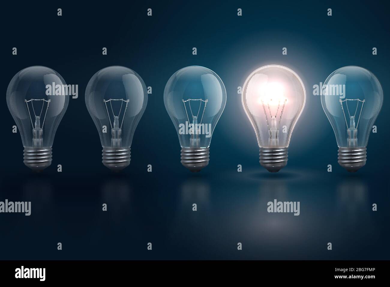 Kreatives Ideenkonzept mit Glühbirnen und einer davon leuchtet. Führung, Individualität, Chancen Business Vektor Hintergrund. Innovation ide Stock Vektor