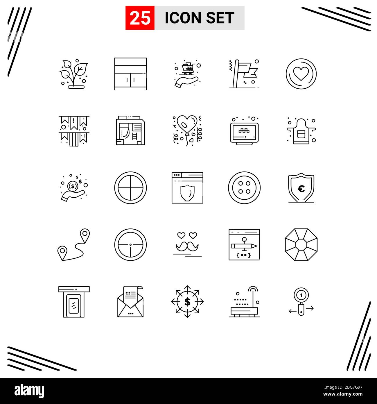 Set von 25 kommerziellen Linien Pack für Liebe, Herz, kaufen, Erfolg, Geschäft editierbar Vektor Design-Elemente Stock Vektor